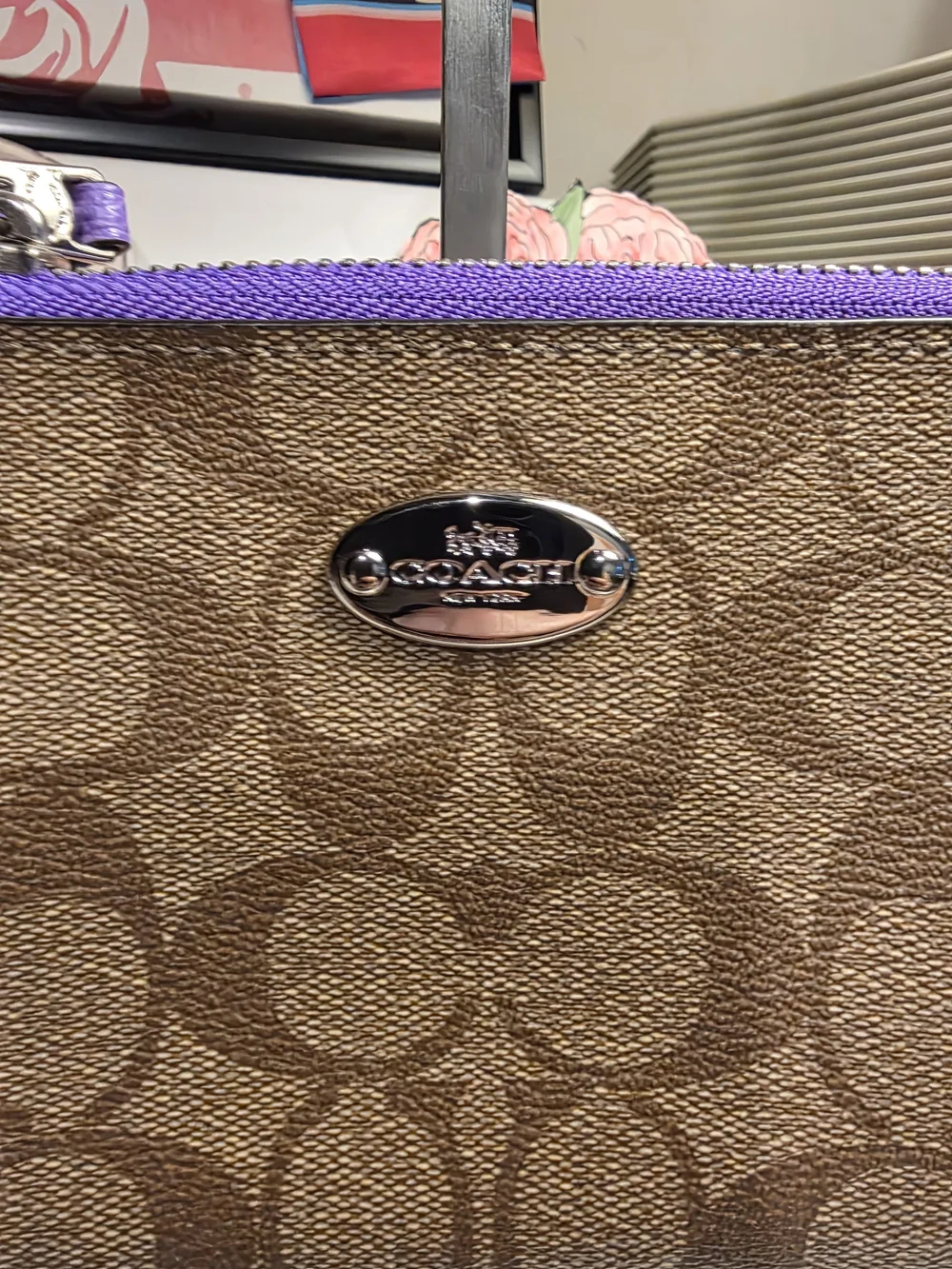 Coach Signature Canvas Wristlet with Purple Trim